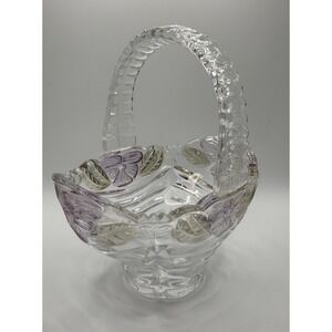 Vintage Anna Hutte Bleikristall Lead Crystal Basket Candy Dish Pink Flower Glass